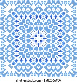 Ethnic ceramic tile in portuguese azulejo. Vector seamless pattern trellis. Creative design. Blue vintage ornament for surface texture, towels, pillows, wallpaper, print, web background.