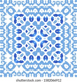Ethnic ceramic tile in portuguese azulejo. Vector seamless pattern trellis. Creative design. Blue vintage ornament for surface texture, towels, pillows, wallpaper, print, web background.