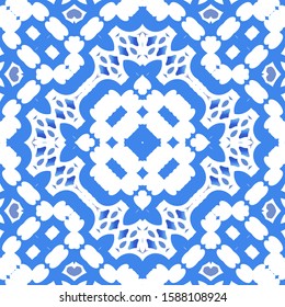 Ethnic ceramic tile in portuguese azulejo. Kitchen design. Vector seamless pattern flyer. Blue vintage ornament for surface texture, towels, pillows, wallpaper, print, web background.