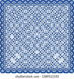 Ethnic ceramic tile in portuguese azulejo. Minimal design. Vector seamless pattern collage. Blue vintage ornament for surface texture, towels, pillows, wallpaper, print, web background.