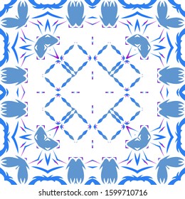 Ethnic ceramic tile in portuguese azulejo. Vector seamless pattern texture. Minimal design. Blue vintage ornament for surface texture, towels, pillows, wallpaper, print, web background.