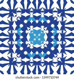 Ethnic ceramic tile in portuguese azulejo. Vector seamless pattern texture. Minimal design. Blue vintage ornament for surface texture, towels, pillows, wallpaper, print, web background.