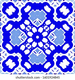 Ethnic ceramic tile in portuguese azulejo. Kitchen design. Vector seamless pattern flyer. Blue vintage ornament for surface texture, towels, pillows, wallpaper, print, web background.