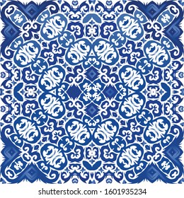 Ethnic ceramic tile in portuguese azulejo. Vector seamless pattern frame. Original design. Blue vintage ornament for surface texture, towels, pillows, wallpaper, print, web background.