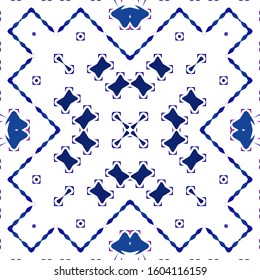 Ethnic ceramic tile in portuguese azulejo. Vector seamless pattern texture. Minimal design. Blue vintage ornament for surface texture, towels, pillows, wallpaper, print, web background.