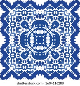 Ethnic ceramic tile in portuguese azulejo. Vector seamless pattern arabesque. Minimal design. Blue vintage ornament for surface texture, towels, pillows, wallpaper, print, web background.