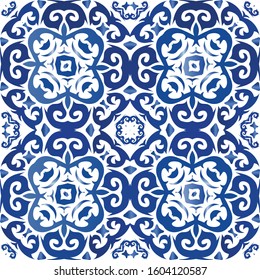 Ethnic ceramic tile in portuguese azulejo. Universal design. Vector seamless pattern collage. Blue vintage ornament for surface texture, towels, pillows, wallpaper, print, web background.