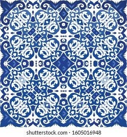 Ethnic ceramic tile in portuguese azulejo. Vector seamless pattern watercolor. Minimal design. Blue vintage ornament for surface texture, towels, pillows, wallpaper, print, web background.