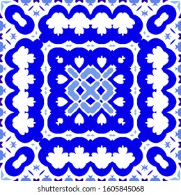 Ethnic ceramic tile in portuguese azulejo. Kitchen design. Vector seamless pattern flyer. Blue vintage ornament for surface texture, towels, pillows, wallpaper, print, web background.