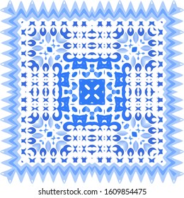 Ethnic ceramic tile in portuguese azulejo. Vector seamless pattern arabesque. Minimal design. Blue vintage ornament for surface texture, towels, pillows, wallpaper, print, web background.