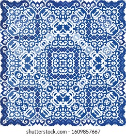 Ethnic ceramic tile in portuguese azulejo. Fashionable design. Vector seamless pattern trellis. Blue vintage ornament for surface texture, towels, pillows, wallpaper, print, web background.