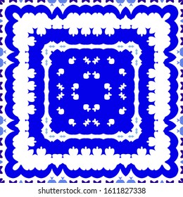 Ethnic ceramic tile in portuguese azulejo. Kitchen design. Vector seamless pattern flyer. Blue vintage ornament for surface texture, towels, pillows, wallpaper, print, web background.