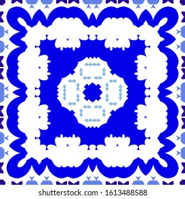 Ethnic ceramic tile in portuguese azulejo. Kitchen design. Vector seamless pattern flyer. Blue vintage ornament for surface texture, towels, pillows, wallpaper, print, web background.