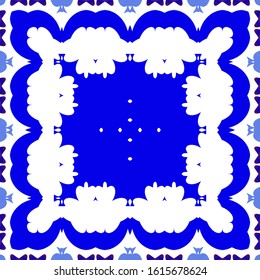 Ethnic ceramic tile in portuguese azulejo. Kitchen design. Vector seamless pattern flyer. Blue vintage ornament for surface texture, towels, pillows, wallpaper, print, web background.