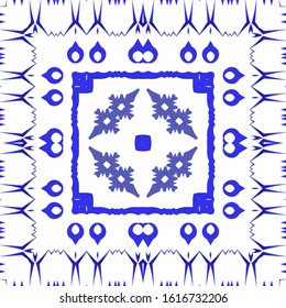 Ethnic ceramic tile in portuguese azulejo. Vector seamless pattern texture. Minimal design. Blue vintage ornament for surface texture, towels, pillows, wallpaper, print, web background.