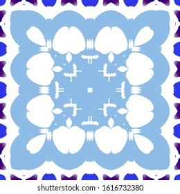 Ethnic ceramic tile in portuguese azulejo. Kitchen design. Vector seamless pattern flyer. Blue vintage ornament for surface texture, towels, pillows, wallpaper, print, web background.