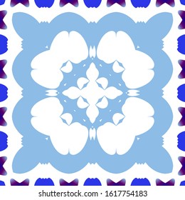 Ethnic ceramic tile in portuguese azulejo. Kitchen design. Vector seamless pattern flyer. Blue vintage ornament for surface texture, towels, pillows, wallpaper, print, web background.