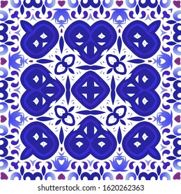 Ethnic ceramic tile in portuguese azulejo. Geometric design. Vector seamless pattern elements. Blue vintage ornament for surface texture, towels, pillows, wallpaper, print, web background.