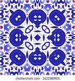 Ethnic ceramic tile in portuguese azulejo. Geometric design. Vector seamless pattern elements. Blue vintage ornament for surface texture, towels, pillows, wallpaper, print, web background.