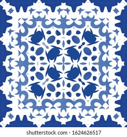 Ethnic ceramic tile in portuguese azulejo. Geometric design. Vector seamless pattern elements. Blue vintage ornament for surface texture, towels, pillows, wallpaper, print, web background.