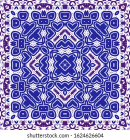 Ethnic ceramic tile in portuguese azulejo. Geometric design. Vector seamless pattern elements. Blue vintage ornament for surface texture, towels, pillows, wallpaper, print, web background.