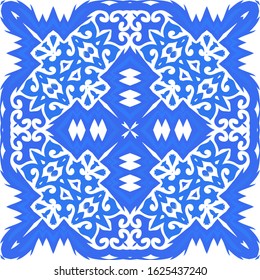 Ethnic ceramic tile in portuguese azulejo. Geometric design. Vector seamless pattern concept. Blue vintage ornament for surface texture, towels, pillows, wallpaper, print, web background.