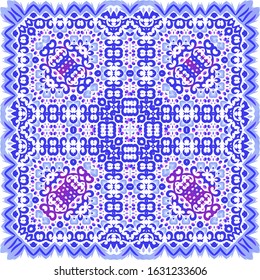 Ethnic ceramic tile in portuguese azulejo. Vector seamless pattern flyer. Creative design. Blue vintage ornament for surface texture, towels, pillows, wallpaper, print, web background.