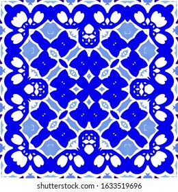 Ethnic ceramic tile in portuguese azulejo. Kitchen design. Vector seamless pattern flyer. Blue vintage ornament for surface texture, towels, pillows, wallpaper, print, web background.