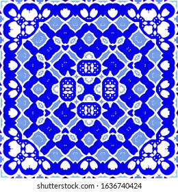 Ethnic ceramic tile in portuguese azulejo. Kitchen design. Vector seamless pattern flyer. Blue vintage ornament for surface texture, towels, pillows, wallpaper, print, web background.