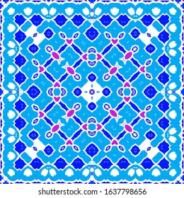 Ethnic ceramic tile in portuguese azulejo. Kitchen design. Vector seamless pattern flyer. Blue vintage ornament for surface texture, towels, pillows, wallpaper, print, web background.