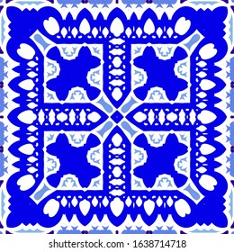 Ethnic ceramic tile in portuguese azulejo. Vector seamless pattern collage. Modern design. Blue vintage ornament for surface texture, towels, pillows, wallpaper, print, web background.