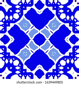 Ethnic ceramic tile in portuguese azulejo. Vector seamless pattern collage. Modern design. Blue vintage ornament for surface texture, towels, pillows, wallpaper, print, web background.