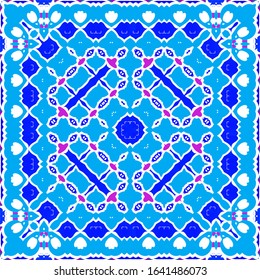 Ethnic ceramic tile in portuguese azulejo. Kitchen design. Vector seamless pattern flyer. Blue vintage ornament for surface texture, towels, pillows, wallpaper, print, web background.