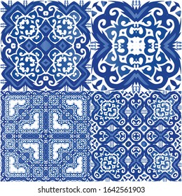Ethnic ceramic tile in portuguese azulejo. Stylish design. Vector seamless pattern poster. vintage ornament for surface texture, towels, pillows, wallpaper, print, web background.