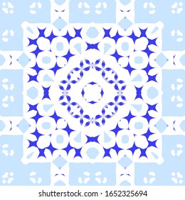 Ethnic ceramic tile in portuguese azulejo. Vector seamless pattern collage. Modern design. Blue vintage ornament for surface texture, towels, pillows, wallpaper, print, web background.