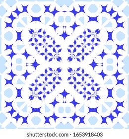 Ethnic ceramic tile in portuguese azulejo. Vector seamless pattern collage. Modern design. Blue vintage ornament for surface texture, towels, pillows, wallpaper, print, web background.