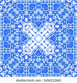 Ethnic ceramic tile in portuguese azulejo. Universal design. Vector seamless pattern collage. Blue vintage ornament for surface texture, towels, pillows, wallpaper, print, web background.