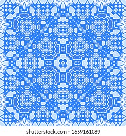 Ethnic ceramic tile in portuguese azulejo. Universal design. Vector seamless pattern collage. Blue vintage ornament for surface texture, towels, pillows, wallpaper, print, web background.