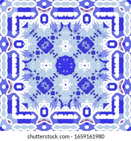 Ethnic ceramic tile in portuguese azulejo. Original design. Vector seamless pattern elements. Blue vintage ornament for surface texture, towels, pillows, wallpaper, print, web background.