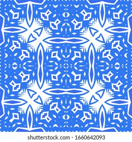 Ethnic ceramic tile in portuguese azulejo. Universal design. Vector seamless pattern collage. Blue vintage ornament for surface texture, towels, pillows, wallpaper, print, web background.