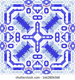 Ethnic ceramic tile in portuguese azulejo. Original design. Vector seamless pattern elements. Blue vintage ornament for surface texture, towels, pillows, wallpaper, print, web background.