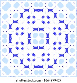 Ethnic ceramic tile in portuguese azulejo. Vector seamless pattern collage. Modern design. Blue vintage ornament for surface texture, towels, pillows, wallpaper, print, web background.