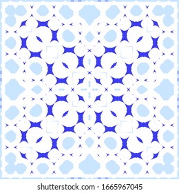 Ethnic ceramic tile in portuguese azulejo. Vector seamless pattern collage. Modern design. Blue vintage ornament for surface texture, towels, pillows, wallpaper, print, web background.