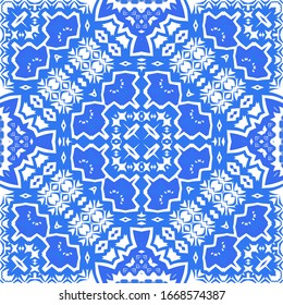 Ethnic ceramic tile in portuguese azulejo. Universal design. Vector seamless pattern collage. Blue vintage ornament for surface texture, towels, pillows, wallpaper, print, web background.