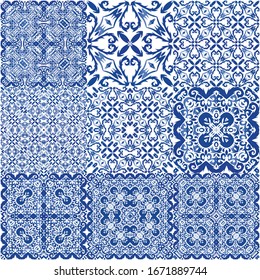 Ethnic ceramic tile in portuguese azulejo. Minimal design. Vector seamless pattern flyer. vintage ornament for surface texture, towels, pillows, wallpaper, print, web background.