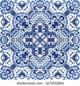 Ethnic ceramic tile in portuguese azulejo. Vector seamless pattern poster. Graphic design. Blue vintage ornament for surface texture, towels, pillows, wallpaper, print, web background.