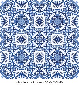 Ethnic ceramic tile in portuguese azulejo. Bathroom design. Vector seamless pattern concept. Blue vintage ornament for surface texture, towels, pillows, wallpaper, print, web background.