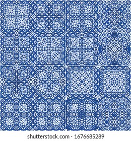 Ethnic ceramic tile in portuguese azulejo. Vector seamless pattern flyer. Minimal design. vintage ornament for surface texture, towels, pillows, wallpaper, print, web background.