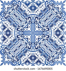 Ethnic ceramic tile in portuguese azulejo. Hand drawn design. Vector seamless pattern poster. Blue vintage ornament for surface texture, towels, pillows, wallpaper, print, web background.