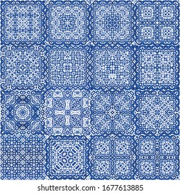 Ethnic ceramic tile in portuguese azulejo. Hand drawn design. Vector seamless pattern arabesque. vintage ornament for surface texture, towels, pillows, wallpaper, print, web background.